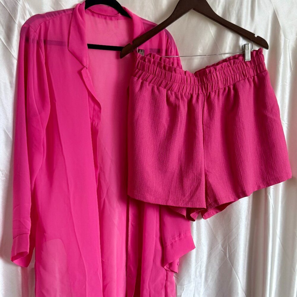 Pink Two-Piece Co-ord Set XL Sheer Button Up & Shorts